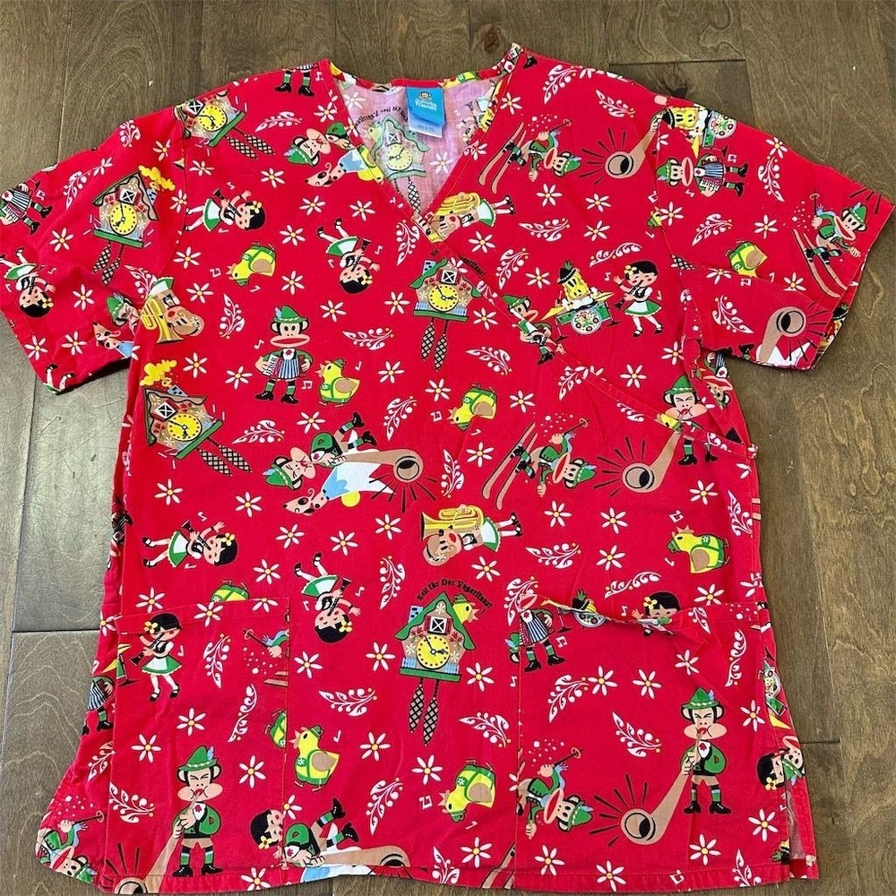 Julius and Friends Women's M Red Christmas Floral V-Neck Scrub‎ Top